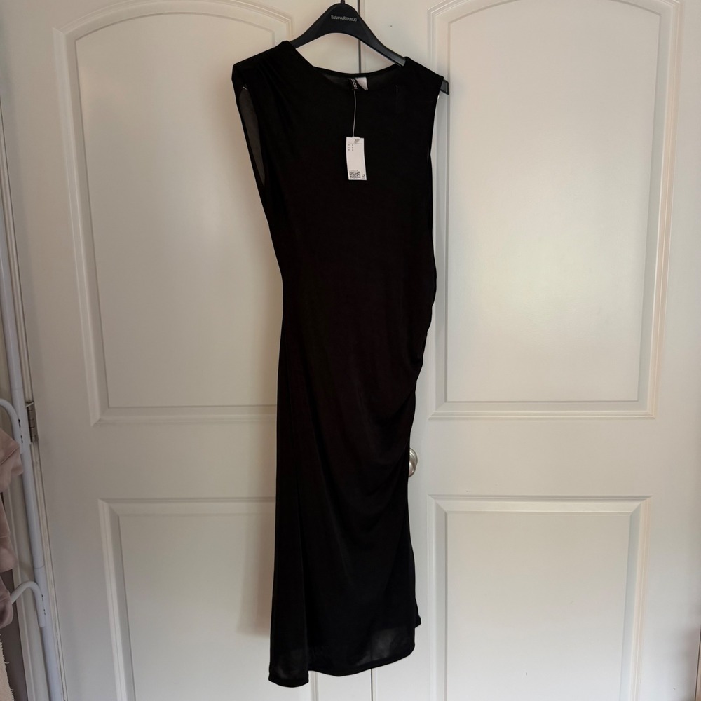 H&M Divided Black Sleeveless Ruched Mesh Midi Dress Womens Size M 1197399